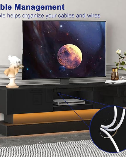 Black TV Stand Modern - TV Stands with Led Lights and Storage Drawers for TVs up to 70 Inch - Gaming TV Entertainment Stand for Living Room, Bedroom - LeafyLoom