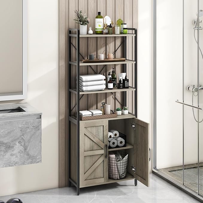 𝐇𝐚𝐥𝐢𝐭𝐚𝐚 Bookshelf and Bookcases with Doors Gray 6 Shelf Display Storage Shelves Tall Bookshelf Versatile Organizer Storage Cabinet Home Decor Furniture for Home Office, Study, Living Room - LeafyLoom