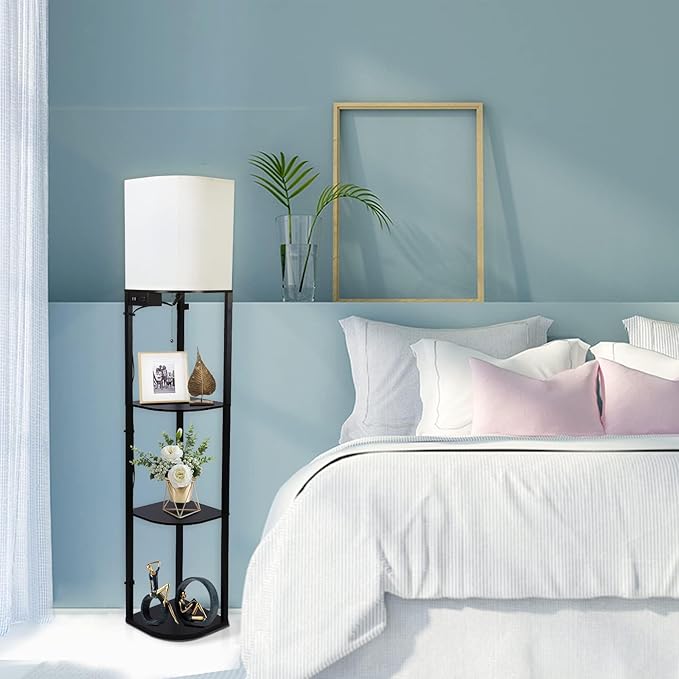 GAOMON Floor lamp with Shelves, Smart RGB Shelf Floor Lamp with 2 USB Ports & 1 Power Outlet, Display for Bedroom,Living Room, and Office - Classic Black - LeafyLoom