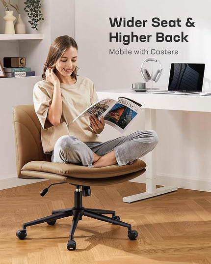 Marsail Armless-Office Desk Chair with Wheels: PU Leather Cross Legged Wide Chair,Comfortable Adjustable Swivel Computer Task Chairs for Home,Office,Make Up,Small Space,Bed Room, Brown - LeafyLoom