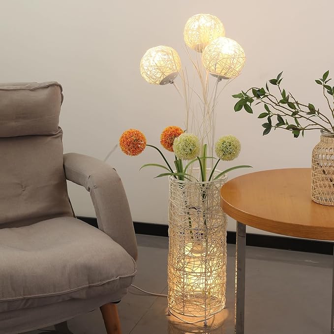 Modern Pastoral LED Floor Lamp: Decorative Hand-Woven Rattan Flower Night Light - Creative Standing Smart Lamp for Reading Living Room Bedroom Tea Room Club - LeafyLoom