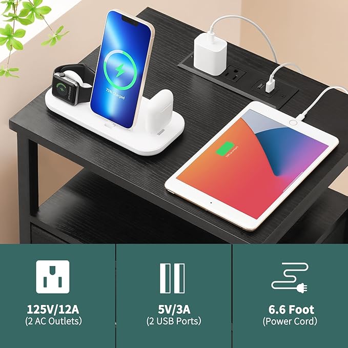 Yoobure Night Stand with Charging Station, 16 Colors LED Nightstand with USB Ports and Outlets, End Table with 3 Fabric Drawers and Storage Shelf, Bedside Tables Small Dresser for Small Space Black - LeafyLoom