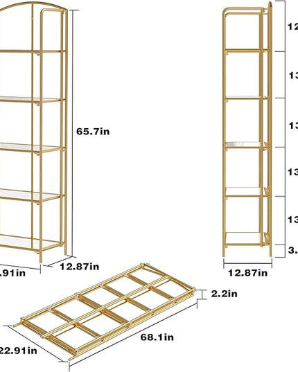 No Assembly Folding Bookshelf, 5 Tier Gold Bookshelf, Metal Book Shelf for Storage, Folding Bookcase for Office Organization and Storage, 12.87" D x 22.91" W x 68.1" H - LeafyLoom