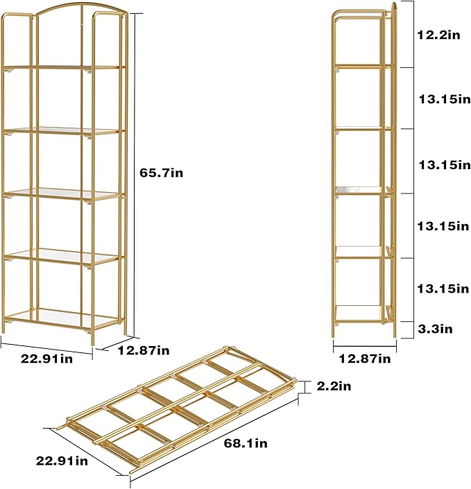 No Assembly Folding Bookshelf, 5 Tier Gold Bookshelf, Metal Book Shelf for Storage, Folding Bookcase for Office Organization and Storage, 12.87" D x 22.91" W x 68.1" H - LeafyLoom