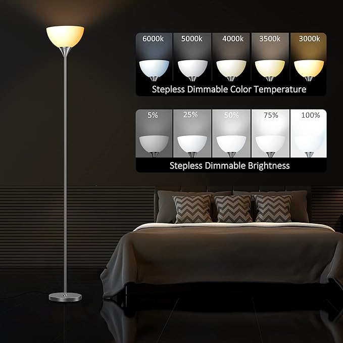 PESRAE Floor Lamp, Remote Control with 4 Color Temperatures, Torchiere Floor lamp for Bedroom, Standing Lamps for Living Room, Bulb Included (Brushed Nickel) - LeafyLoom