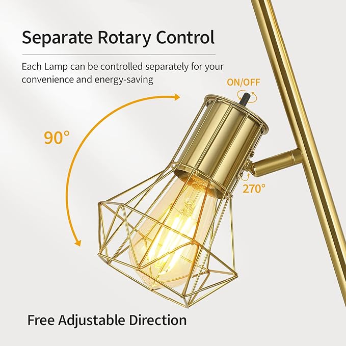 BoostArea Industrial Floor Lamp,Standing Lamp,Farmhouse Tree Floor Lamp with 3pcs 6W Edison Bulbs,Free Adjustable Cage Heads,Independent Control,Floor Lamp for Living Room,Bedroom,Rustic Home - LeafyLoom