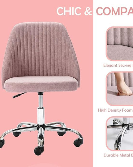 HOMEFLA Home Office Modern Linen Swivel Task Upholstered Fabric Desk Chair Armless with Wheels, Middle, Pink - LeafyLoom