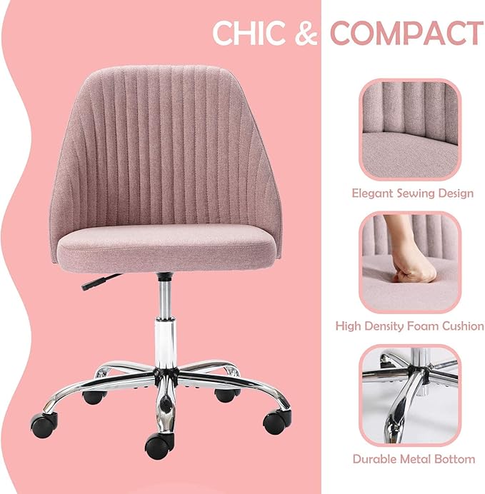 HOMEFLA Home Office Modern Linen Swivel Task Upholstered Fabric Desk Chair Armless with Wheels, Middle, Pink - LeafyLoom