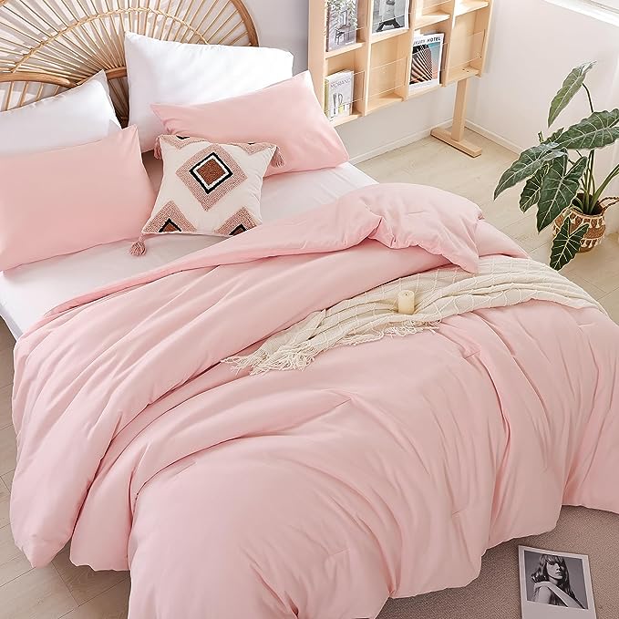 Blush Pink Comforter Set Twin Boho Pink Twin Comforter with 1 Pillowcases - Soft Lightweight Cozy Bedding Set for All Season - Beige Comforter Twin Size for Women Teens Kids - LeafyLoom