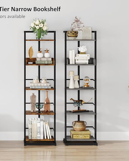 Bookshelf 5-Tier Book shelf - Narrow Wood Bookcase Tall Corner Book Shelves Storage Organizer Display Book Rack for Living Room Bedroom Office Home Grey - LeafyLoom