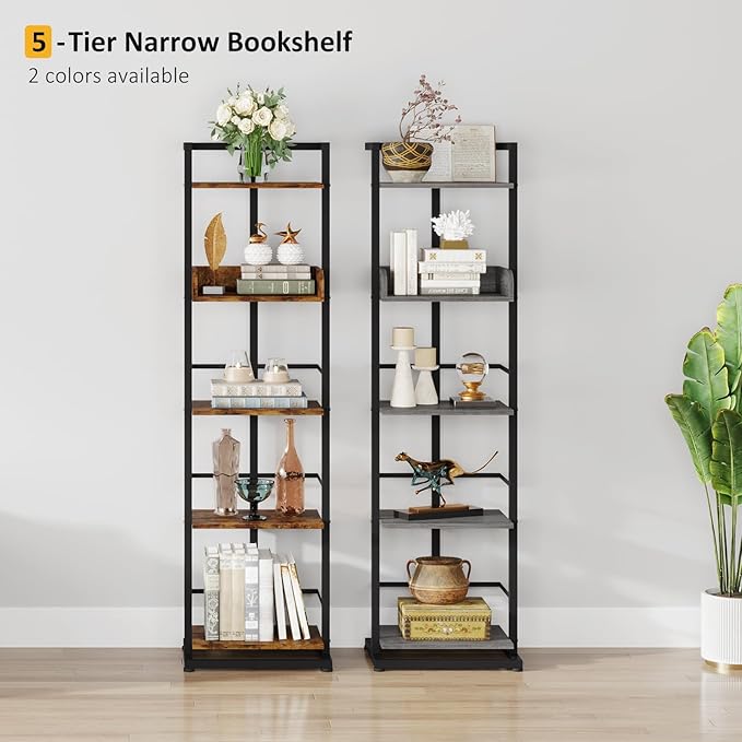 Bookshelf 5-Tier Book shelf - Narrow Wood Bookcase Tall Corner Book Shelves Storage Organizer Display Book Rack for Living Room Bedroom Office Home Grey - LeafyLoom