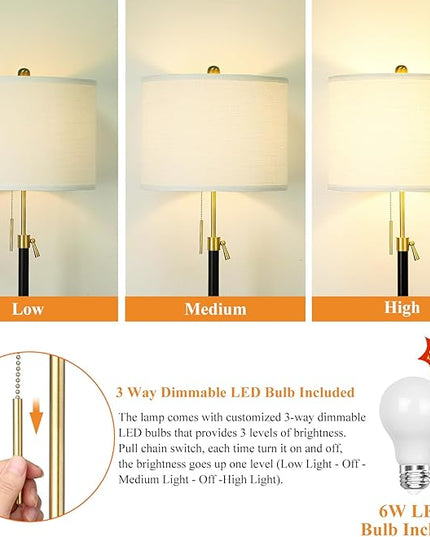 Floor Lamp for Living Room Adjustable Tall Standing Lamp, 3-Way Dimmable Floor Lamp for Bedroom Office, Black Gold Lamp with Marble Base and White Linen Shade, 6W 3000K LED Blub Included - LeafyLoom