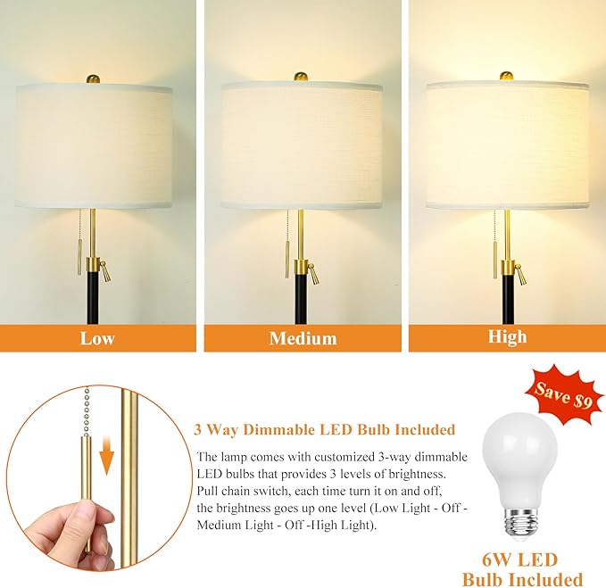 Floor Lamp for Living Room Adjustable Tall Standing Lamp, 3-Way Dimmable Floor Lamp for Bedroom Office, Black Gold Lamp with Marble Base and White Linen Shade, 6W 3000K LED Blub Included - LeafyLoom
