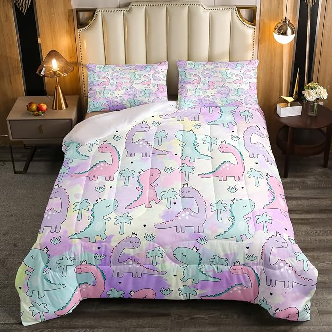 Erosebridal Dinosaur Comforter Set Full Size, Kawaii Dinosaur Bedding Sets for Kids Girls Boys Gift Bedroom Decor, Cartoon Cute Animals Duvet Set,Palm Leaf Down Comforter, Green Purple Pink - LeafyLoom