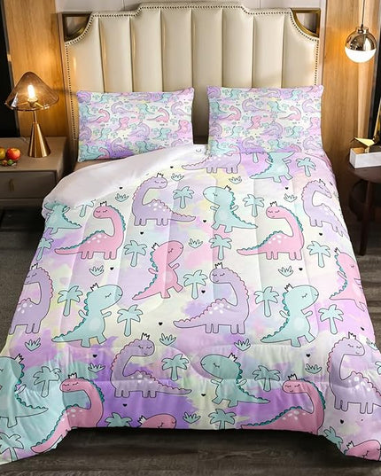 Erosebridal Dinosaur Comforter Set Queen Size, Kawaii Dinosaur Bedding Sets for Kids Girls Boys Gift Bedroom Decor, Cartoon Cute Animals Duvet Set,Palm Leaf Down Comforter, Green Purple Pink - LeafyLoom