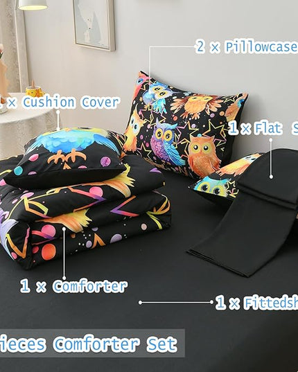 DORCAS Full Bedding Set with Comforter, Sheets for Kids, 6 Pieces, Owl, All Seasons, Unisex, Polyester, Machine Wash, Cute Owl Theme Design - LeafyLoom
