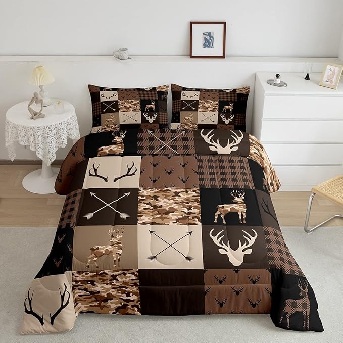 Camo Deer Antlers Kids Comforter Set Twin Size,Animal Arrow Silhouette Bedding Set,Girls Boys Adults Home/Xmas Cabin Decor,Lattice Patchwork Down Comforter,Brown Rustic Duvet Insert,2pcs,1 Pillowcase - LeafyLoom