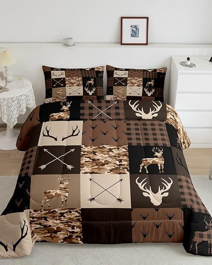 Kids Deer Antlers Animal Comforter Set King Size,Brown Camo Xmas Bedding Set,Girls Boys Adults Bedroom/Cabin Decor,Plaid Patchwork Vintage Down Comforter,Arrows Tribal Duvet Insert,3pcs,2 Pillowcases - LeafyLoom