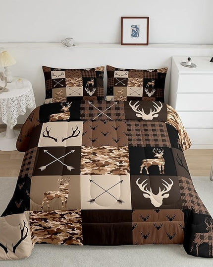 Camo Animal Kids Comforter Set Full Size,Deer Antlers Silhouette Bedding Set,Girls Boys Adults Bedroom/Xmas Decor,Checkered Geometric Down Comforter,Arrow Boho Retro Duvet Insert,3pcs,2 Pillowcases - LeafyLoom
