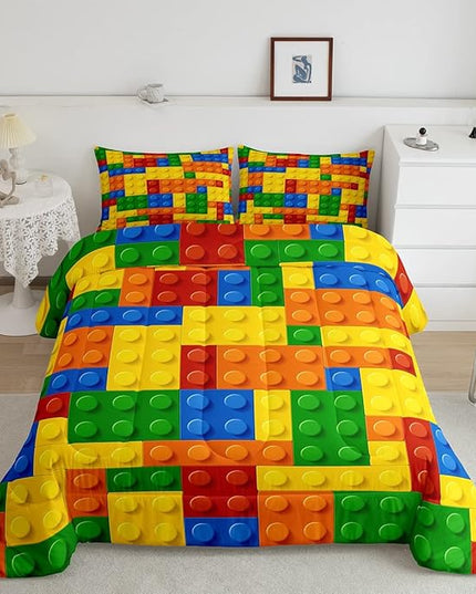 Feelyou Games Comforter Set King Building Blocks Bedding Set for Kids Boys Girls Colorful Geometric Toy Brick Comforter Gaming Nursery Quilt Duvet Set with 2 Pillowcase Boys - LeafyLoom