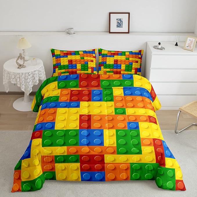 Feelyou Games Comforter Set King Building Blocks Bedding Set for Kids Boys Girls Colorful Geometric Toy Brick Comforter Gaming Nursery Quilt Duvet Set with 2 Pillowcase Boys - LeafyLoom