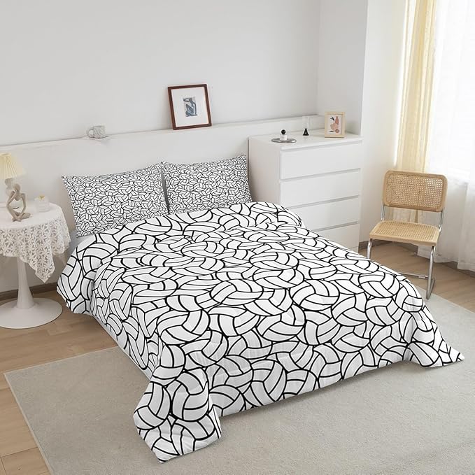 Feelyou Full Size Volleyball Bedding Set Boys Girls Sports Game Comforter Set for Kids Women Men Ultra Soft Volleyball Player Comforter Black White Duvet Set Room Decor Quilt Set - LeafyLoom