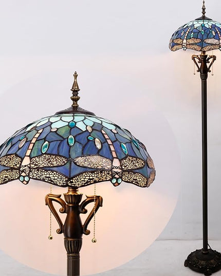 Tiffany Floor Lamp Stained Glass Standing Reading Lamp 16X16X66 Inches Antique Pole Corner Light for Bedroom Living Room Home Office (Blue Dragonfly) - LeafyLoom