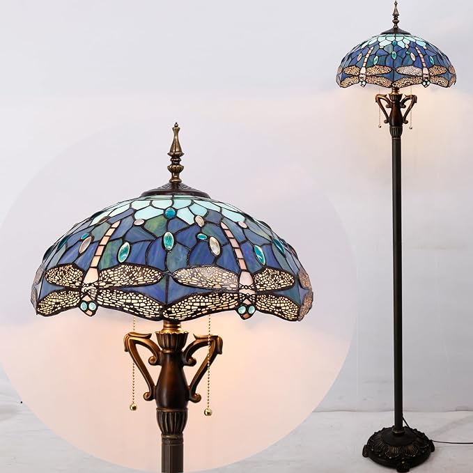 Tiffany Floor Lamp Stained Glass Standing Reading Lamp 16X16X66 Inches Antique Pole Corner Light for Bedroom Living Room Home Office (Blue Dragonfly) - LeafyLoom