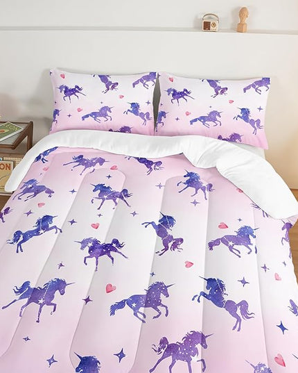 HOSIMA Kawaii Unicorn Comforter,Purple Unicorn with Stars and Love Heart Princess Toddler Bedding Set-Soft Microfiber Queen Comforter Set,Fairycore Room Decor Pink Comforter with 2 Pillowcases. - LeafyLoom