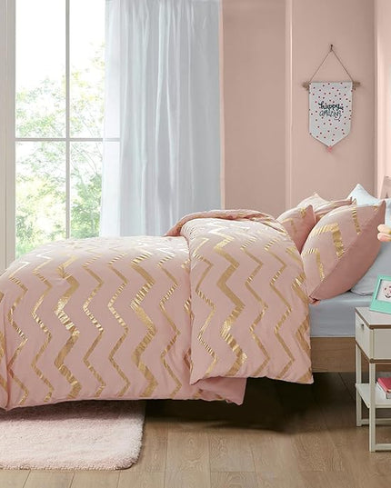 Pink Comforter Set Queen Size, Metallic Blush and Rose Gold Bedding Set, 4 Piece Lightweight Microfiber Bed Set for Teen Girls Women (2 Pillow Shams + 1 Decorative Pillow Sham) - LeafyLoom