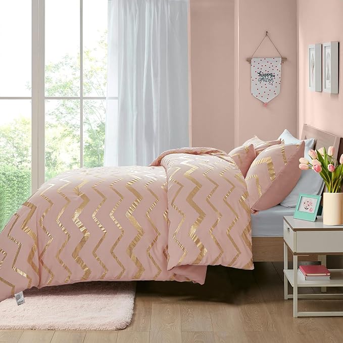 Pink Comforter Set Queen Size, Metallic Blush and Rose Gold Bedding Set, 4 Piece Lightweight Microfiber Bed Set for Teen Girls Women (2 Pillow Shams + 1 Decorative Pillow Sham) - LeafyLoom