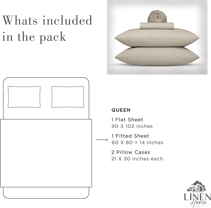 Linen Home Washed Cotton Percale Queen Sheet Set, Silver, Deep Pocket, 4 Pieces Bed Sheets - 1 Flat Sheet, 1 Fitted Sheet & 2 Envelope Closure Pillowcases, Cool and Comfortable Bed Linen - LeafyLoom