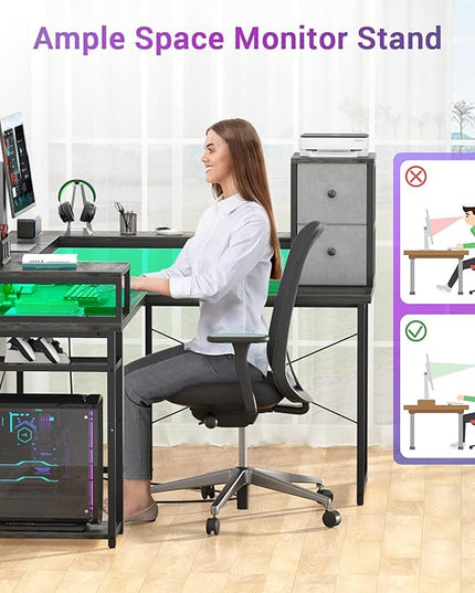 armocity L Shaped Desk with Drawers, Reversible Corner Computer Desk with LED Light & Power Outlet, 55.2'' L-Shaped Gaming Desk with Long Monitor Shelf, Home Office Desk for Small Corner Space, Grey - LeafyLoom