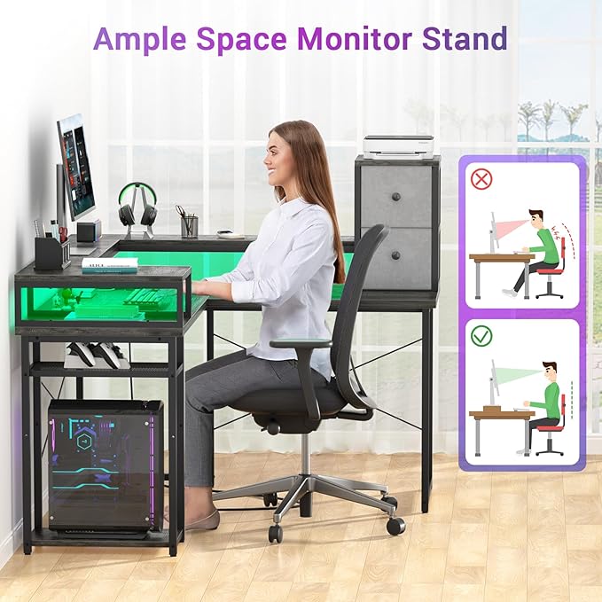 armocity L Shaped Desk with Drawers, Reversible Corner Computer Desk with LED Light & Power Outlet, 55.2'' L-Shaped Gaming Desk with Long Monitor Shelf, Home Office Desk for Small Corner Space, Grey - LeafyLoom