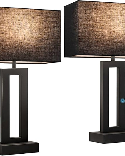 Nightstand Table Lamps for Bedrooms Set of 2 - Touch Bedside Lamp with USB C+A, 3 Way Dimmable Living Room Lamps for End Tables Set of 2, Modern Night Stand Lamps for Bed Side Guest Room(Black) - LeafyLoom