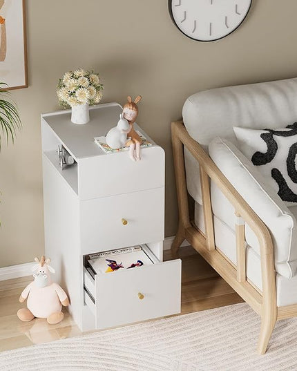 White Nightstand with Two Drawers,Chest of Drawers for Bedroom with Side Opening Storage Rack,3 Tiers Modern Night Table for Bedroom Storage Furniture (Round Corner) - LeafyLoom