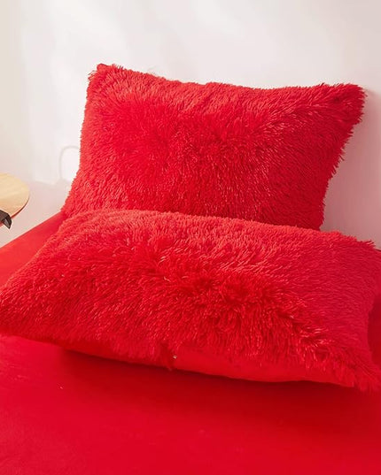 Fluffy Red comforters Cover twin size - Ultra Soft Plush red bedding Sets 2 Pieces (1 faux fur comforter Cover + 1 fuzzy pillow case) girls shaggy red twin bed set (Red, Twin) - LeafyLoom