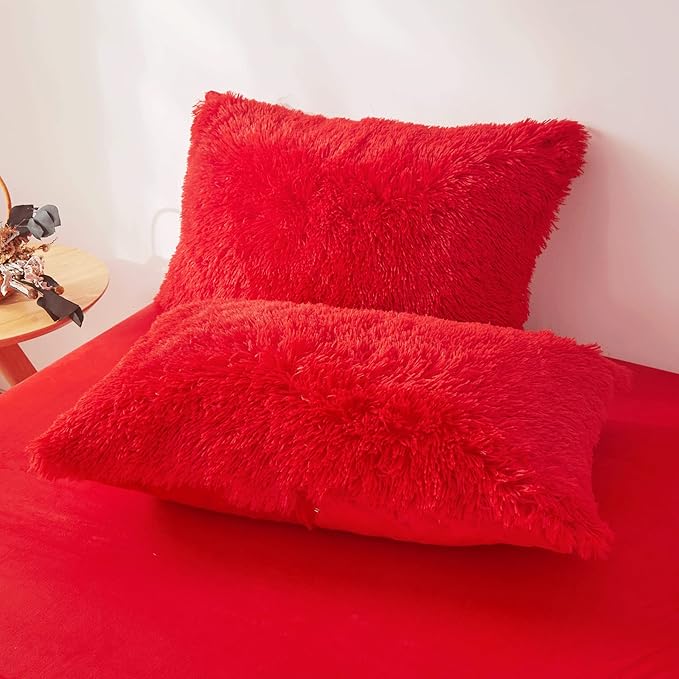Fluffy Red comforters Cover twin size - Ultra Soft Plush red bedding Sets 2 Pieces (1 faux fur comforter Cover + 1 fuzzy pillow case) girls shaggy red twin bed set (Red, Twin) - LeafyLoom