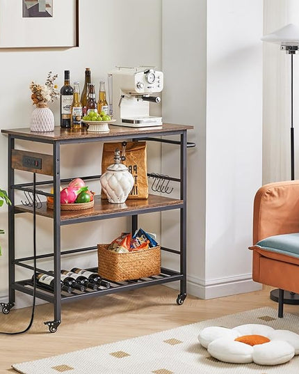 IBUYKE Kitchen Island with 3 Shelves, Island Table for Kitchen with Power Outlet,Kitchen Cart with Large Worktop,Rolling Bar Cart for Home, Outdoor, Kitchen, Living Room TMJ024H - LeafyLoom