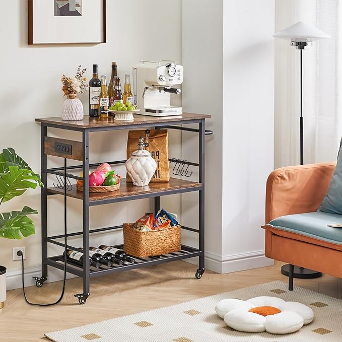IBUYKE Kitchen Island with 3 Shelves, Island Table for Kitchen with Power Outlet,Kitchen Cart with Large Worktop,Rolling Bar Cart for Home, Outdoor, Kitchen, Living Room TMJ024H - LeafyLoom