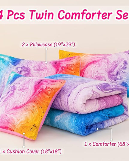 4 Pcs Tie Dye Twin Comforter Set for Girls, Watercolor Marble Abstract Art Superior Kids Bedding Sets Twin Size, Pink Purple Blue Colorful Teenage Girls Comforter Sets - LeafyLoom