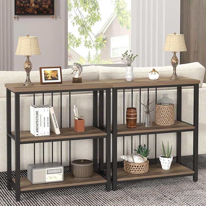 FOLUBAN Small Bookshelf and Bookcase, 3 Tier Open Book Shelf, Modern Metal and Wood Shelving Unit for Living Room Bedroom, Oak - LeafyLoom