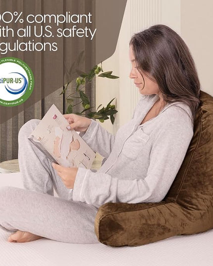 Milliard Reading Pillow with Shredded Memory Foam, Large Adult Backrest with Arms, Back Support for Sitting Up in Bed with Washable Cover (Sit up Pillow) Brown - LeafyLoom
