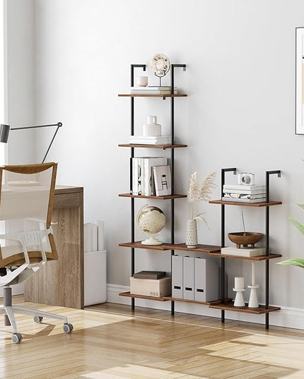 HOOBRO DIY Ladder Shelf, 5-Tier Wooden Wall Mounted Bookshelf, Narrow Bookcase, Display Shelf, Storage Rack, Plant Stand, for Living Room, Bedroom, Study, Balcony, Rustic Brown and Black BF531CJ01 - LeafyLoom