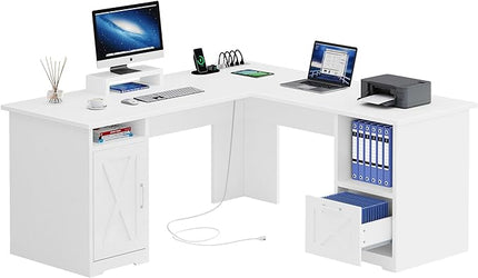 YITAHOME L Shaped Desk with Power Outlets, 60 Inch Computer Desk Corner Desk with File Drawer, Home Office Desk with Monitor Stand & Storage Shelves, L-Shaped Desk with File Cabinet, White - LeafyLoom