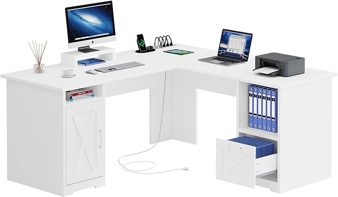 YITAHOME L Shaped Desk with Power Outlets, 60 Inch Computer Desk Corner Desk with File Drawer, Home Office Desk with Monitor Stand & Storage Shelves, L-Shaped Desk with File Cabinet, White - LeafyLoom