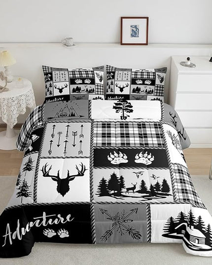 Deer Bear Comforter Set Full Size,Pine Trees Christmas Bedding Set for Kids Boys Girls Adults Room Decor,Camping Adventure Rustic Farmhouse Down Comforter,Black Retro Duvet Insert,2 Pillowcases - LeafyLoom