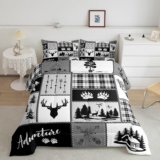 Deer Bear Comforter Set Full Size,Pine Trees Christmas Bedding Set for Kids Boys Girls Adults Room Decor,Camping Adventure Rustic Farmhouse Down Comforter,Black Retro Duvet Insert,2 Pillowcases - LeafyLoom