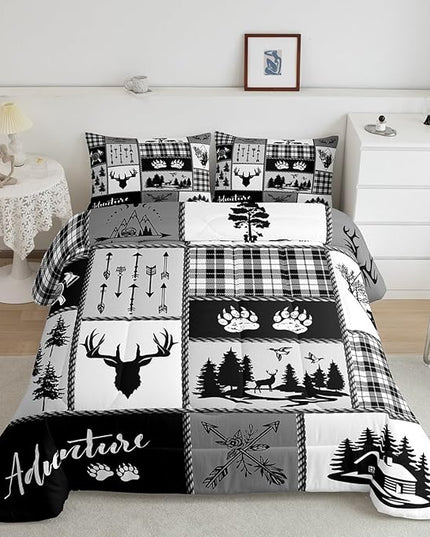 Deer Bear Comforter Set Queen Size,Pine Trees Christmas Bedding Set for Kids Boys Girls Adults Room Decor,Camping Adventure Rustic Farmhouse Down Comforter,Black Retro Duvet Insert,2 Pillowcases - LeafyLoom