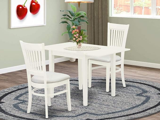 East West Furniture Norden 3 Piece Kitchen Set Contains a Rectangle Dining Room Table with Dropleaf and 2 Fabric Upholstered Chairs, 30x48 Inch, Linen White - LeafyLoom